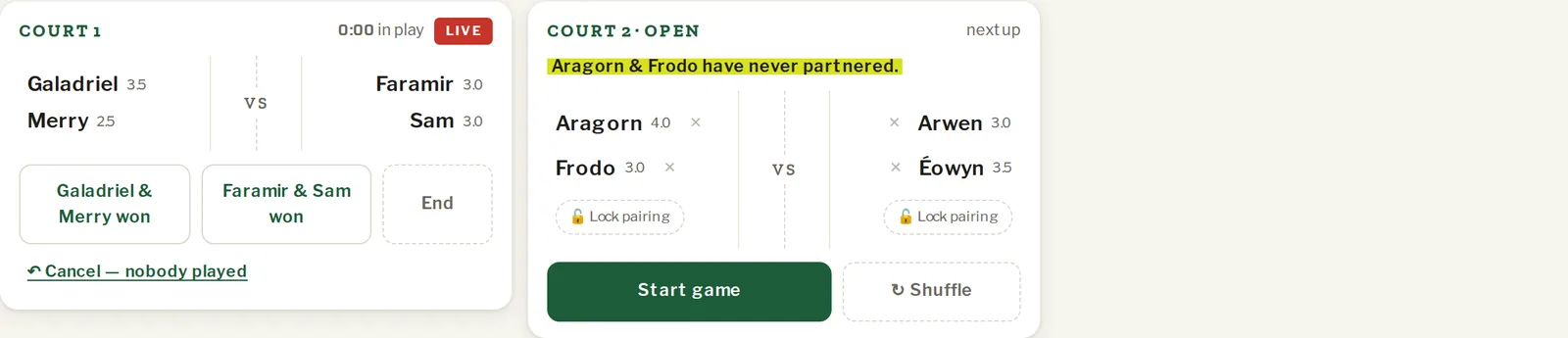 Two court cards, one in play and one with the next four proposed