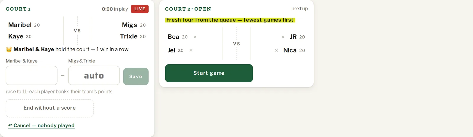 Court cards during King of the Court with the holding pair marked